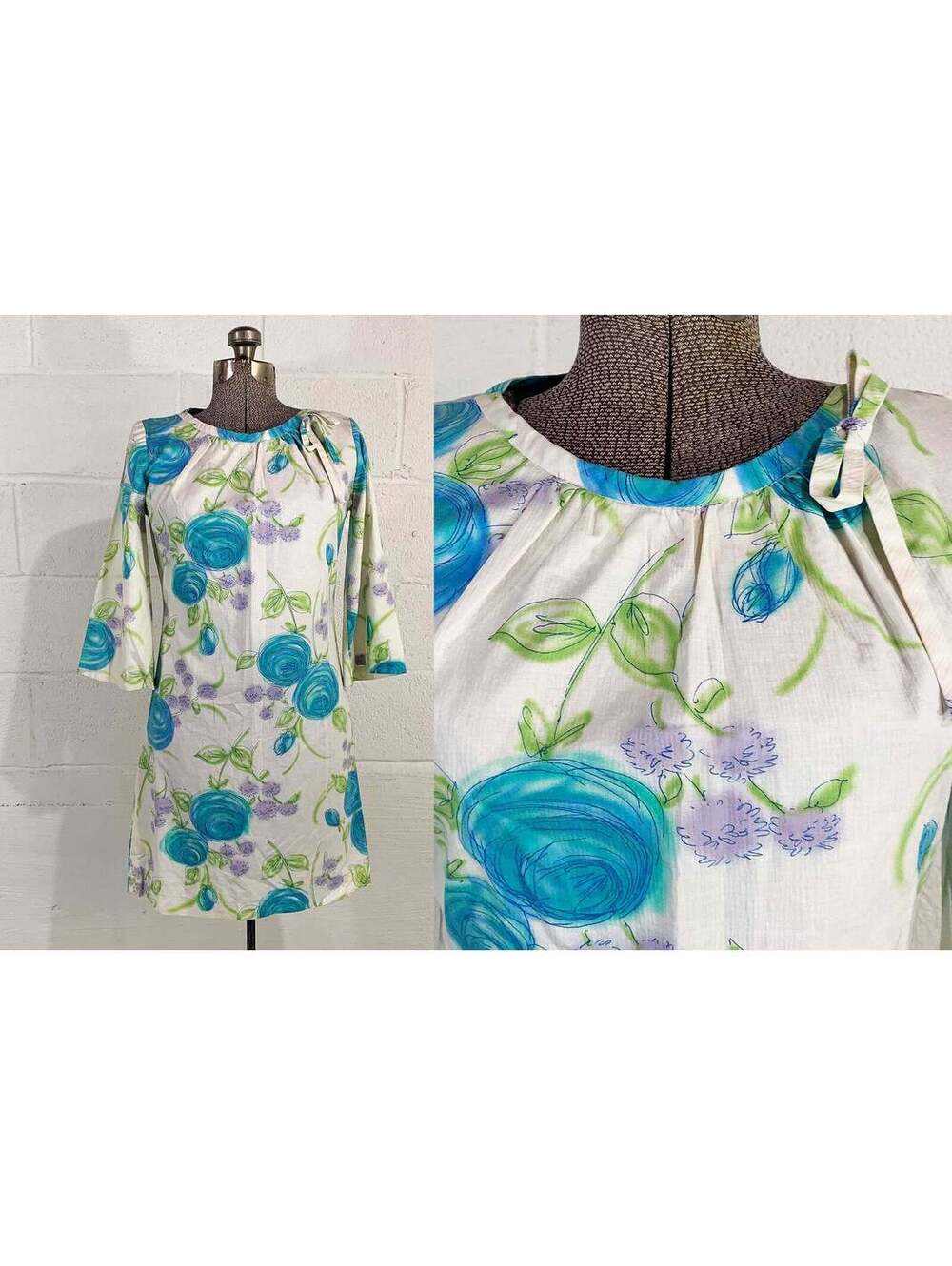 Watercolor Dress Blue Green Roses Floral Wedding 3/4 Sleeves Medium 1950s 1960s